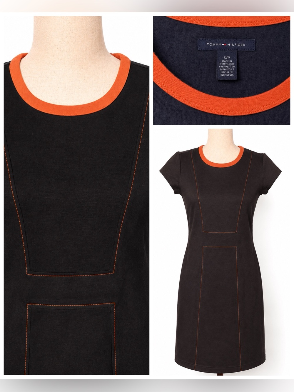 Tommy Hilfiger Hermes-esque H orange stitching navy pullover dress- S